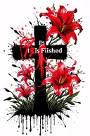 "It Is Finished" Cross with Red Sider Lilies and Cherry Blossom Trees tattoo design idea
