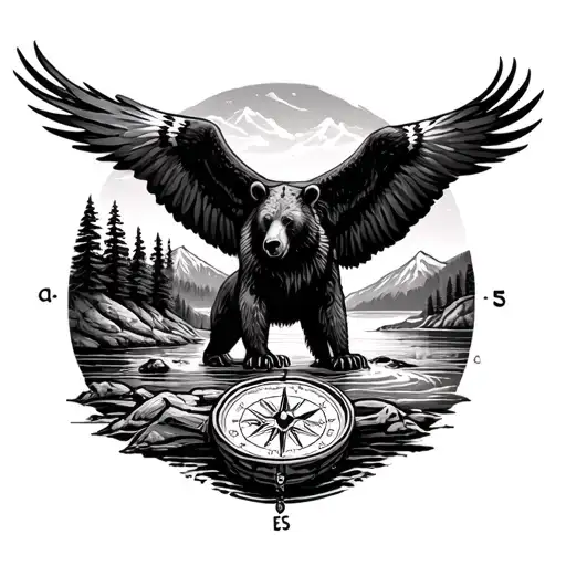 arm sleeve, nature, river, mountains, soaring eagle, black bear, old compass tattoo design idea