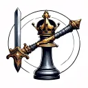 A simple circle with, in the centre, a pawn of the chess game inside with the king's crown and a sword  tattoo design idea