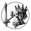 A simple circle with, in the centre, a pawn of the chess game inside with the king's crown and a sword  tattoo design idea