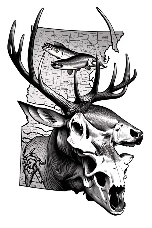 Include the map of Kansas, walleye fish, and white tail deer, make it realistic and the deer a skull, don't combine them tattoo design idea