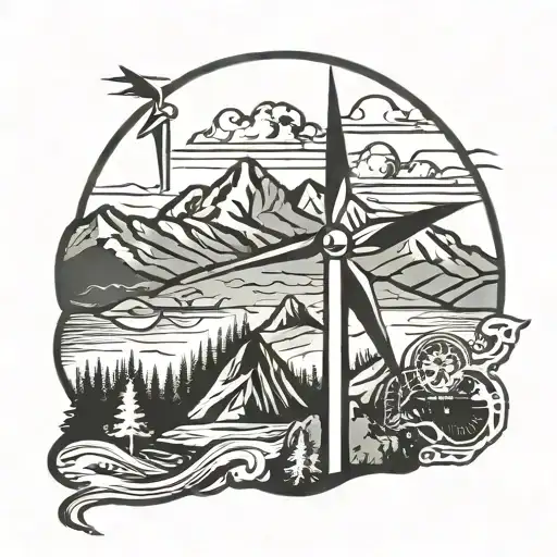 Wind turbine silhouette, Photovoltaic solar panel featuring, Mountain range, dense Forest Sense, airplane, compass, map tattoo design idea