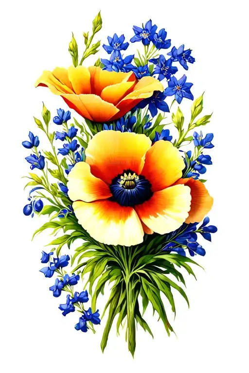 I'd like a shoulder/arm piece that contains the following: California Poppies, Texas Bluebonnets, Lillies, Huckleberries tattoo design idea