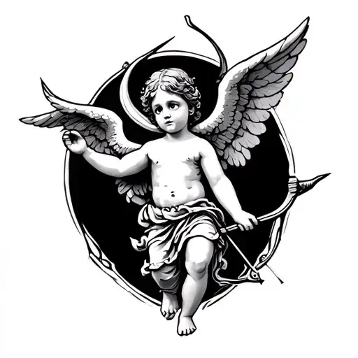 Cherub angel holding a bow and arrow for shoulder tattoo, less realistic and abit cartoon like tattoo design idea
