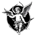 Cherub angel holding a bow and arrow for shoulder tattoo, less realistic and abit cartoon like tattoo design idea