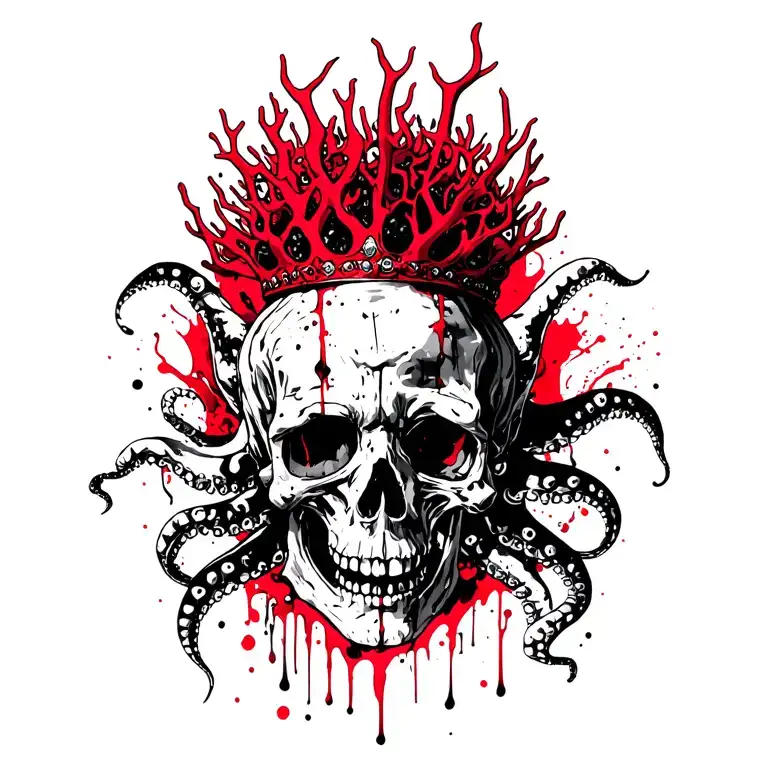 king of bones with a coral crown surrounded by tentacles tattoo design idea