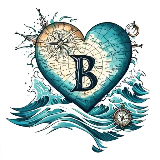 a heart in shape of a letter B in sea waves and compass and map tattoo design idea