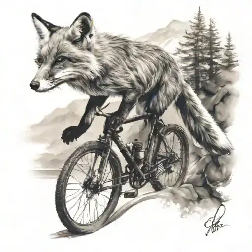 fox on a bicycle in the mountain tattoo design idea