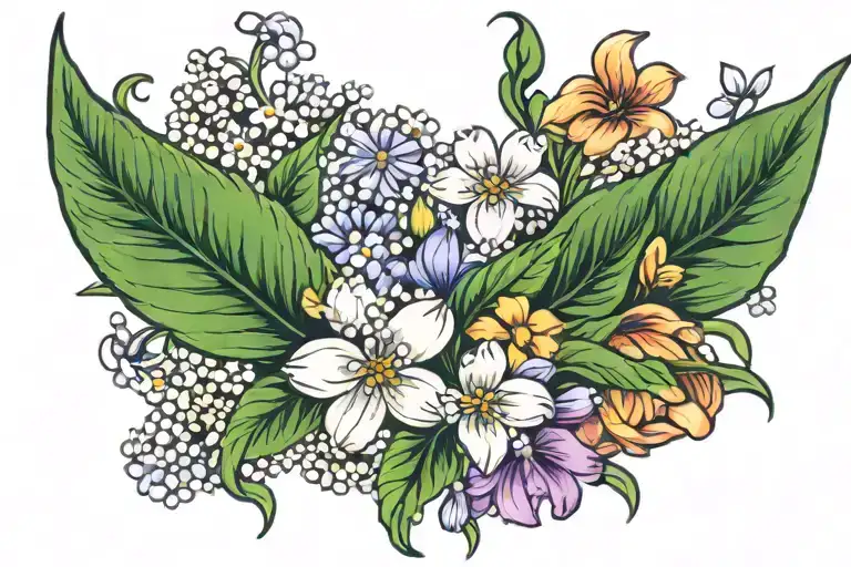 Lilly of the valley, chrysanthemum, violet flower, and daisy  tattoo design idea