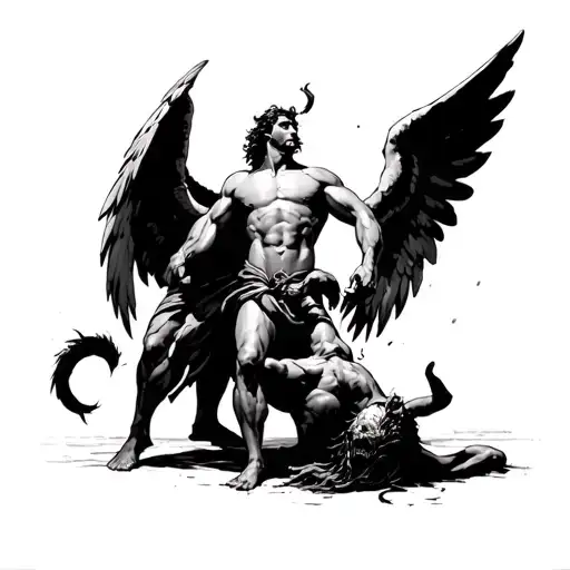 angel standing over a demon or devil swinging his arm down to behead him. he is relatively muscular  tattoo design idea