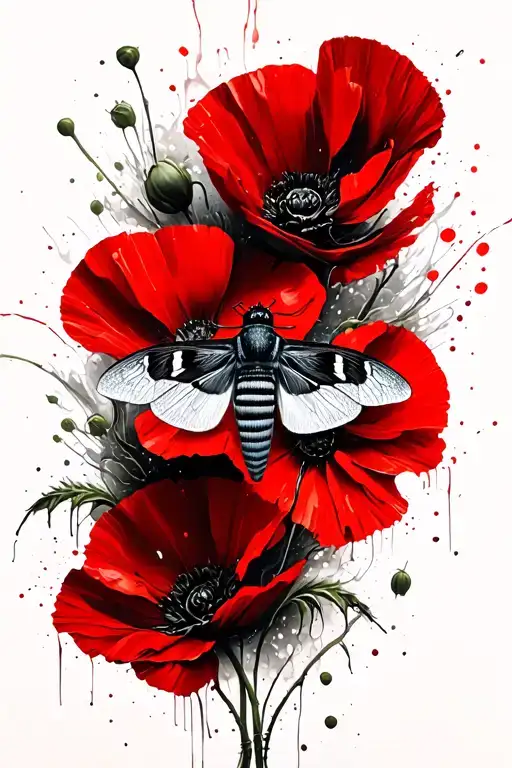 in the middle of the picture there will be a moth on Wild poppies tattoo design idea