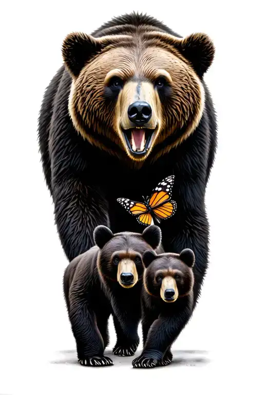 Papa bear and 3 black bear cubs and 2 monarch butterfly walking in the wilderness trees tattoo design idea