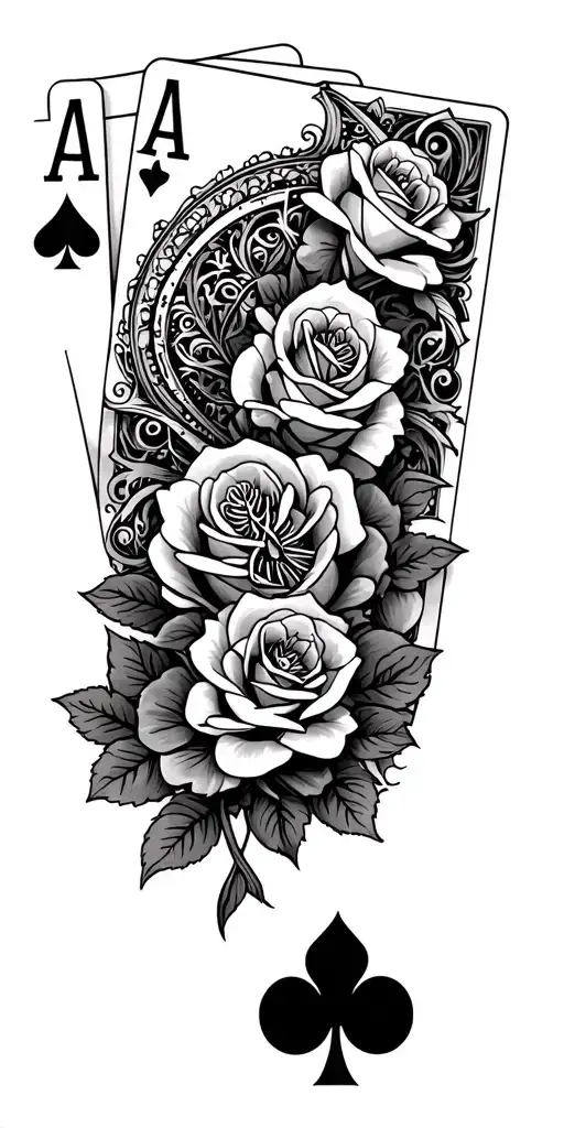 filigree design with playing cards, compass and roses tattoo design idea