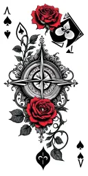 filigree design with playing cards, compass and roses tattoo design idea