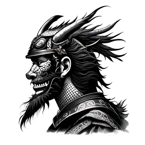 Sideview Samurai Face with bottom of the face having an oni mask the Samurai also wearing a Dragons Head as a helmet tattoo design idea