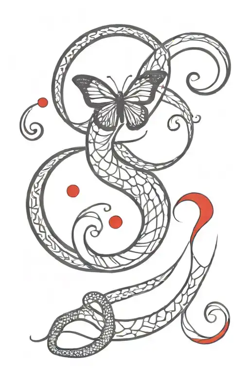 black snake, red crescent moon, black sun and red butterfly tattoo design idea