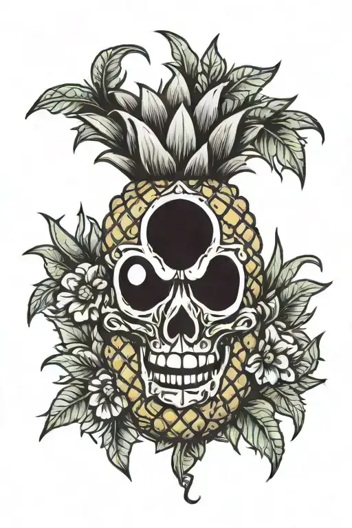 upside down pineapple with 69 number, devil horns and halo  tattoo design idea