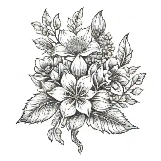 feburary, march, june, september december birth flower bouquet tattoo design idea