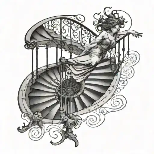 woman falling down spiral staircase tattoo design idea