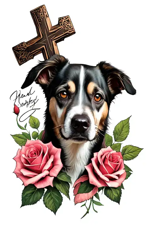 A cross, roses and a dog's face tattoo design idea
