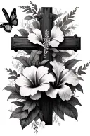 cross with hibiscus flowers and butterfly tattoo design idea