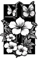 cross with hibiscus flowers and butterfly tattoo design idea