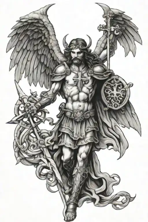 saint micheal slaying the devil and a beautiful cross  tattoo design idea