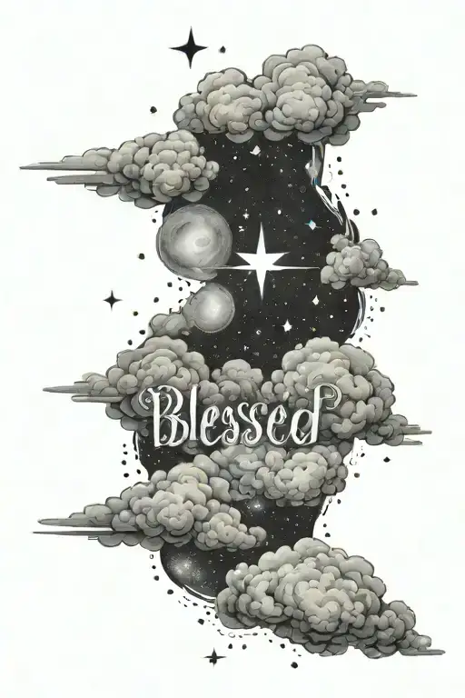 A majestic black and grey tattoo of a starry sky with clouds parting to reveal the word 'Blessed' tattoo design idea