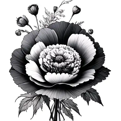 poppy flower,mum, and carnation bouquet wrapped tattoo design idea