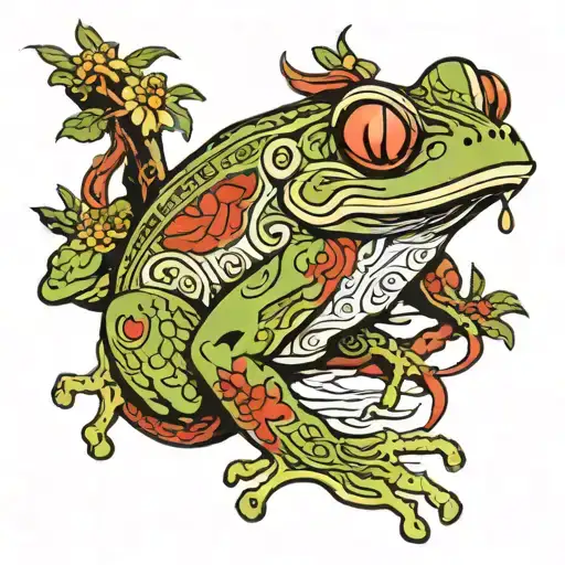 Make a color sketch for a Japanese style tattoo with a Japanese mask and frog and inscriptions tattoo design idea