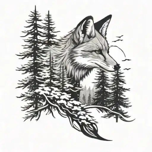 pinetree silhouette sleeve with fox tattoo design idea