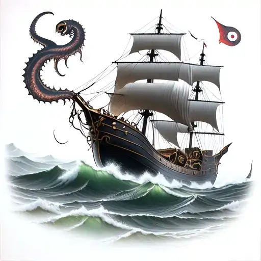 black pearl ship sailing through stormy sea with the kraken  tattoo design idea