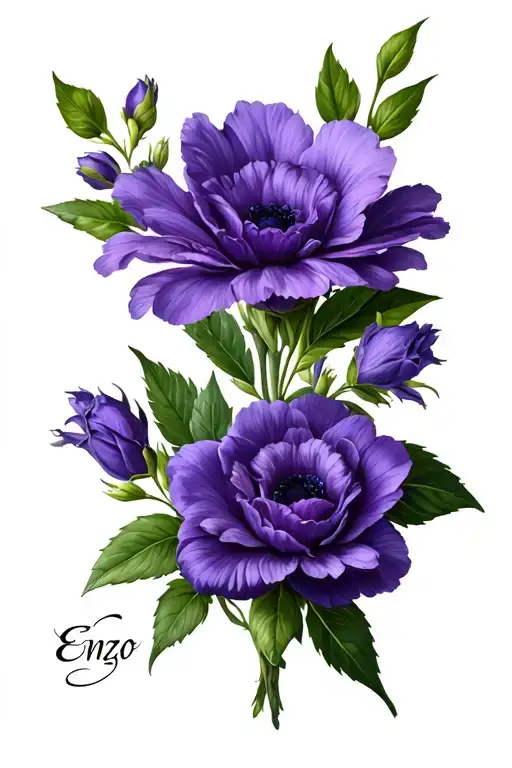 Violet purple bouquet jaw cosmo flower and the first name Enzo tattoo design idea