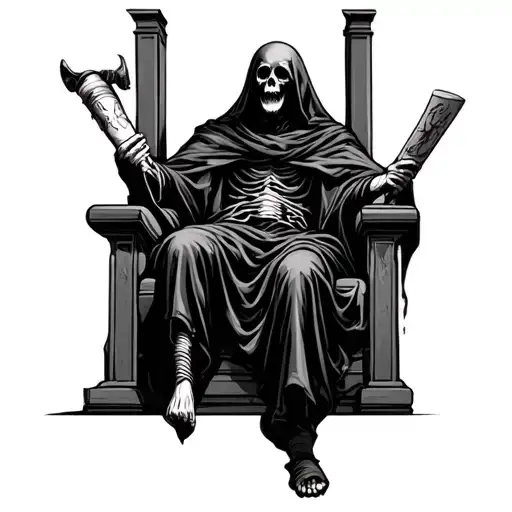 grim reaper on throne holding 2 scrolls tattoo design idea