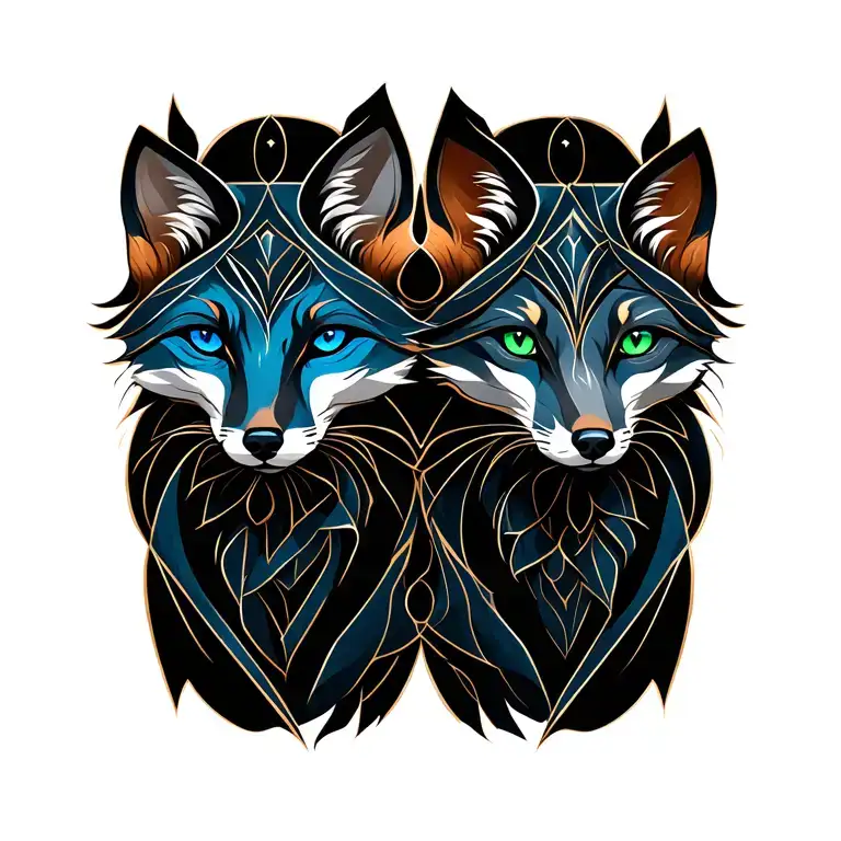 gemini zodiac with two foxs one with blue eyes and the other with one blue and one green tattoo design idea