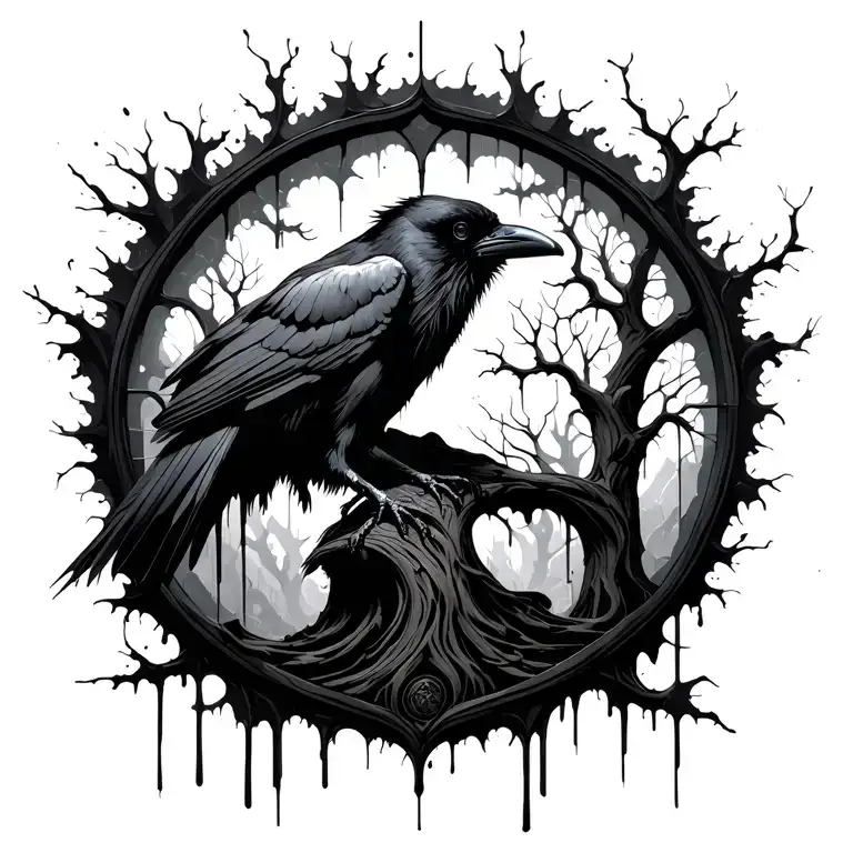 raven trees gothic cathedral window splatter effects tribal tattoo design idea