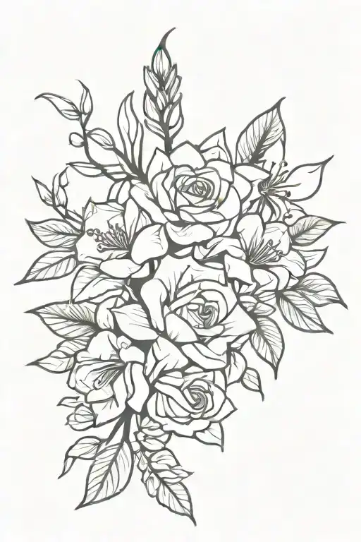 jasmine, orange blossom, freesia, and rose intertwined with leaves coming out tattoo design idea