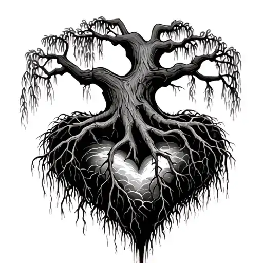 Weeping willow tree that has roots with roots that grow down into a heart shape  tattoo design idea