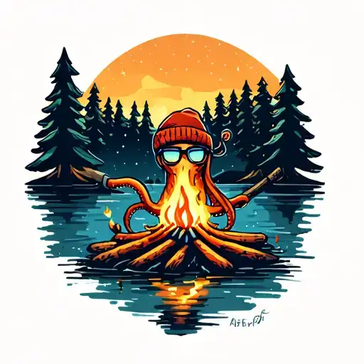 A squid with glasses and beanie poking a campfire with a stick on the edge of a lake, trees around it, starry night sky tattoo design idea