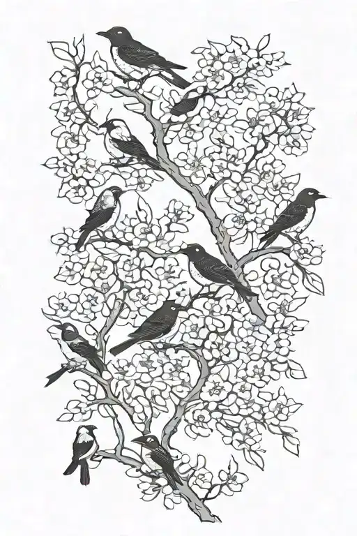 sideways skinny spooky scary cherry branch with minimal blossoms black and grey four solid black birds sitting on branch tattoo design idea
