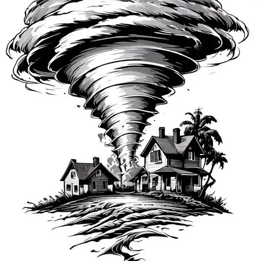 traditional tornado with houses in the cyclone and 405 area code tattoo design idea