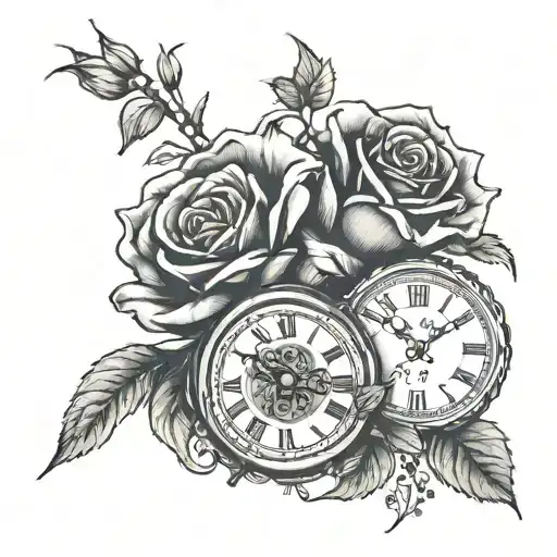 two roses, the Bible verse Zechariah 4:6, an old clock, and the year 05, 18, 12, 23 in Roman numerals." tattoo design idea