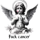 "Fuck Cancer" hyperrealistic cherub angel with halo, middle finger upsaying fuck cancer tattoo design idea