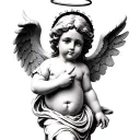 "Fuck Cancer" hyperrealistic cherub angel with halo, middle finger upsaying fuck cancer tattoo design idea