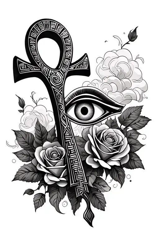 Ankh with Horus eye in the middle with roses and clouds  tattoo design idea