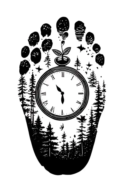 son foot print, nature scene, time piece tattoo design idea