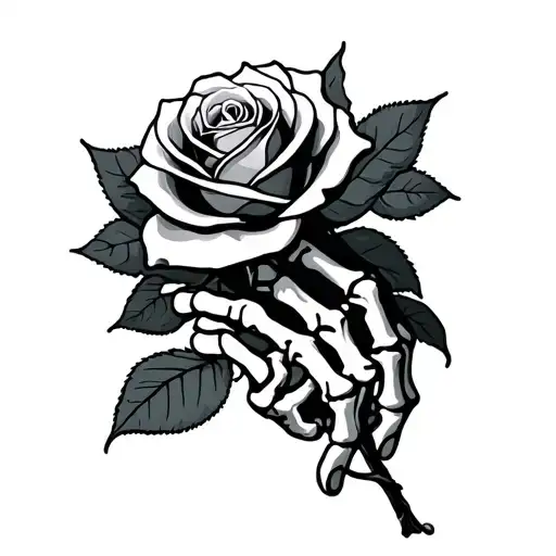 skeleton hand holding rose tattoo design idea
