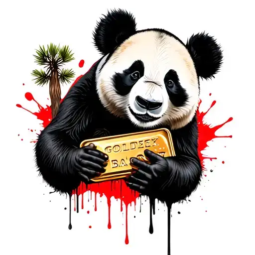 Panda Holding a gold bar logo with a joshua tree silhoutte in the background tattoo design idea
