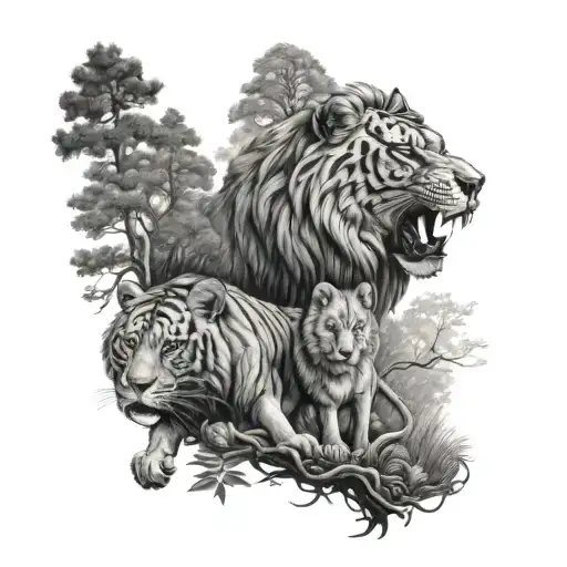Lion, tiger, wolf and forest half sleeve  tattoo design idea