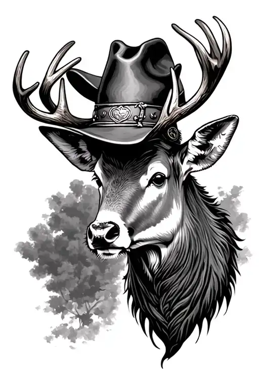 A tattoo of a buck's head with Arthur Morgan's gamblers cowboy hat on its head tattoo design idea